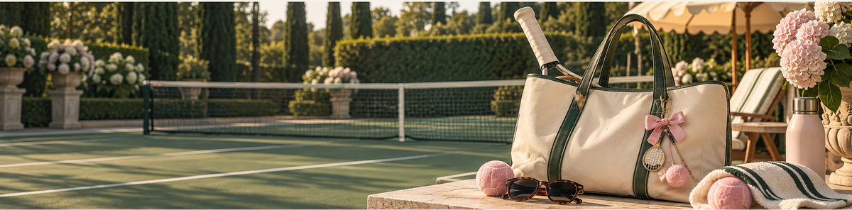 Cream tennis tote with racket on a garden tennis court